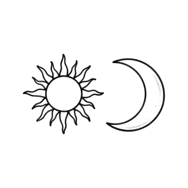 Fine line couple tattoo designs of a sun and a crescent moon as two separate pieces