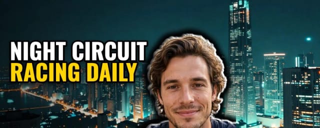 A Twitch banner with the channel name Night Circuit and the line Racing daily over a futuristic city at night, with a man’s face cut out on the left