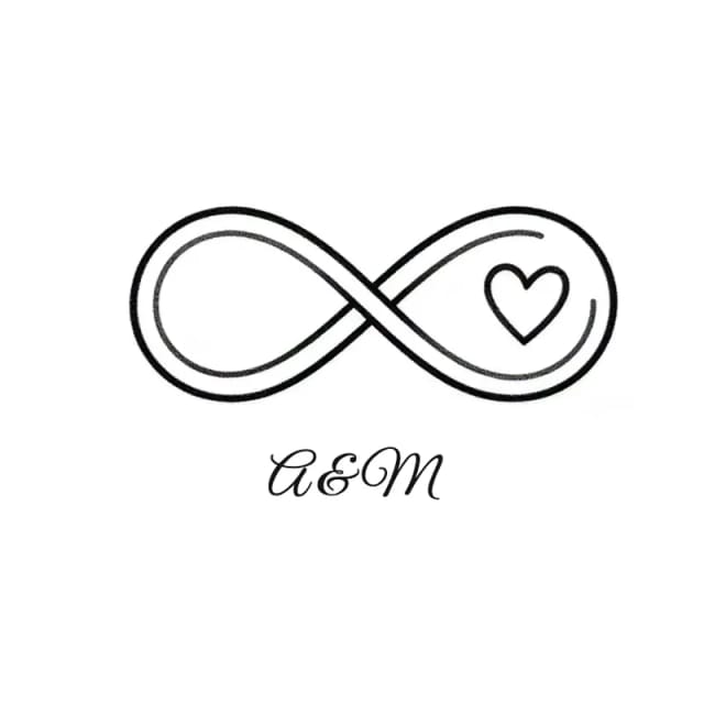 Fine line tattoo design of an infinity symbol with a tiny heart and the initials A & M in script