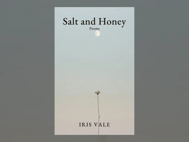 Minimalist AI poetry book cover: a single wildflower against a pale sky, with a refined serif title