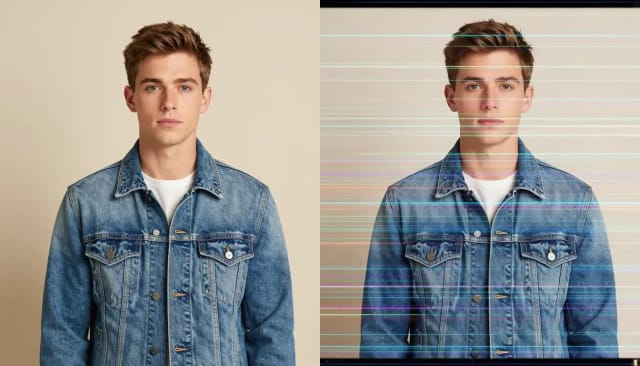 A young man in a denim jacket, and the same photo with a worn VHS tape look