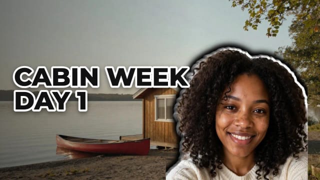 A thumbnail with a woman’s face cut out with a white outline next to the title Cabin week day 1, over a cabin by a lake