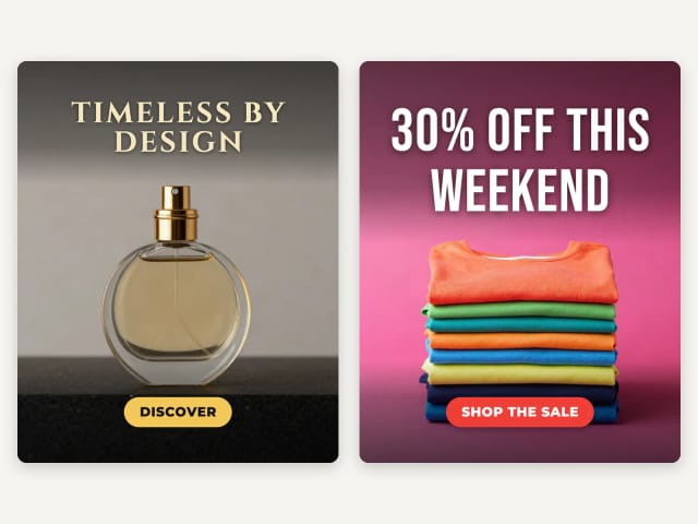A luxury perfume ad and a t-shirt sale ad with their headlines and buttons