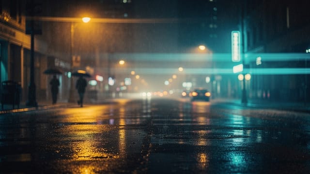 A rain-soaked city street lit like a film scene