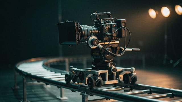 Camera dolly moving along a track on a film set