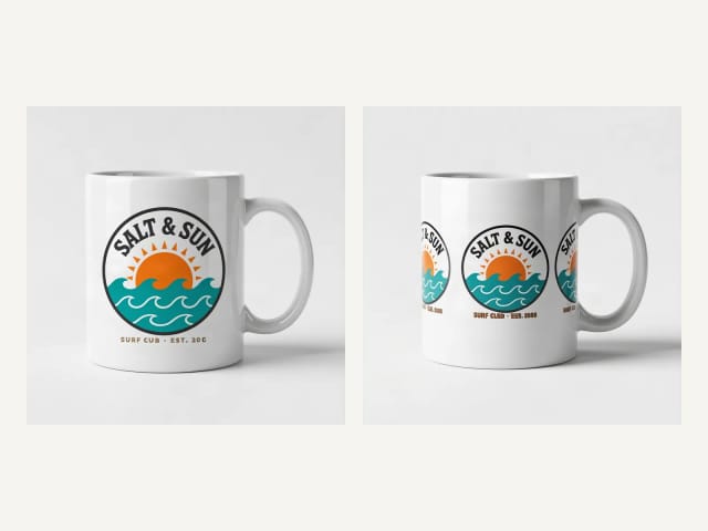 A design printed on one side and a wrap-around design on the same mug
