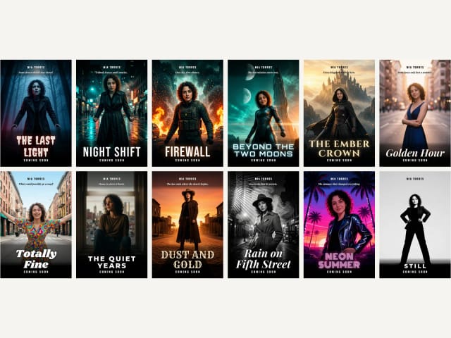 The same woman as the lead of twelve AI movie posters, from horror and thriller to western, film noir and 80s retro