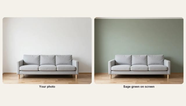 A plain white wall and the same wall painted sage green on screen