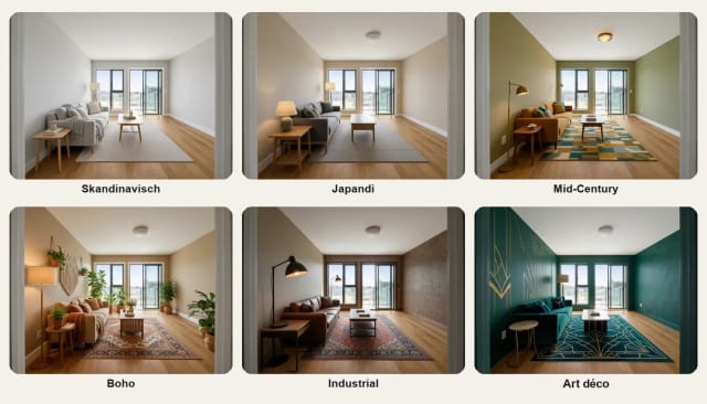 Dasselbe Wohnzimmer in den Stilen Skandinavisch, Japandi, Mid-Century, Boho, Industrial und Art déco