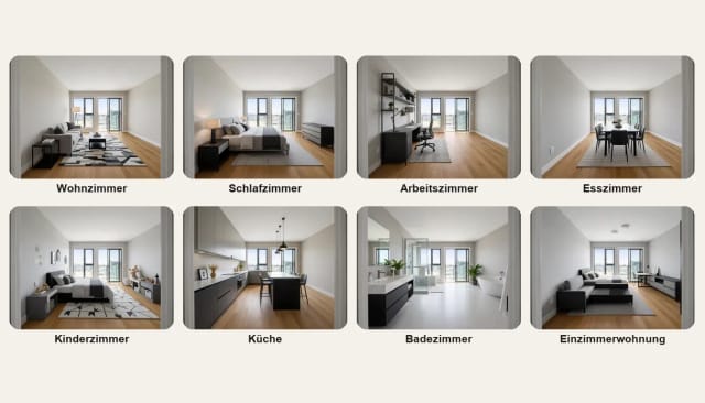 Derselbe leere Raum als Wohnzimmer, Schlafzimmer, Arbeitszimmer, Esszimmer, Kinderzimmer, Küche, Badezimmer und Einzimmerwohnung eingerichtet