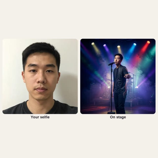 A selfie of a young man and the same man singing on a stage under colored spotlights