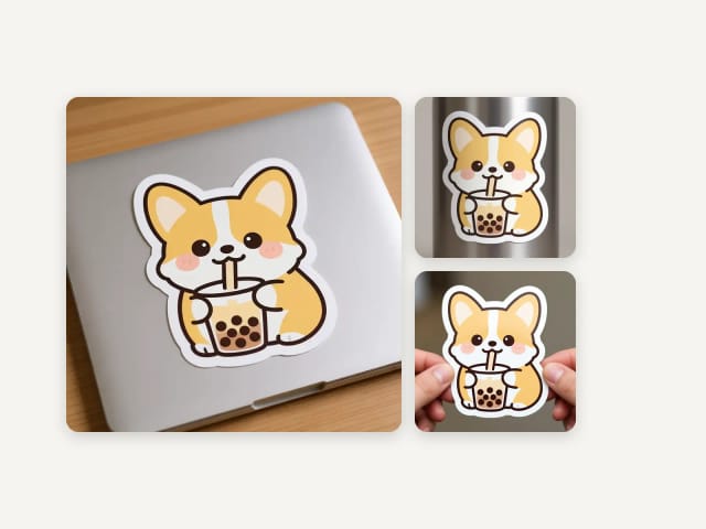 The same sticker on a laptop, a water bottle and in the hand, as photos for a shop listing