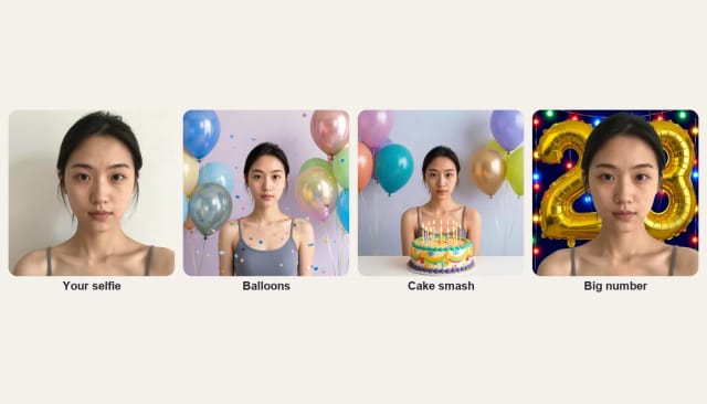 A selfie of a young woman and the same woman in balloons, cake smash and number backdrop birthday photos
