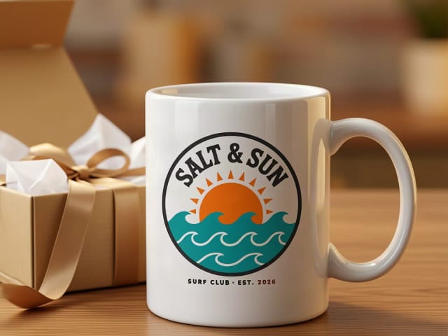 A mug with the sample design next to an open gift box