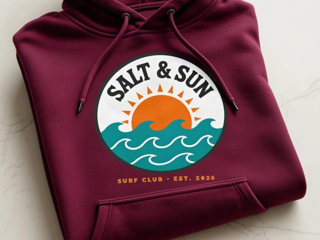 Close-up of a hoodie mockup with the sample design printed into the fleece