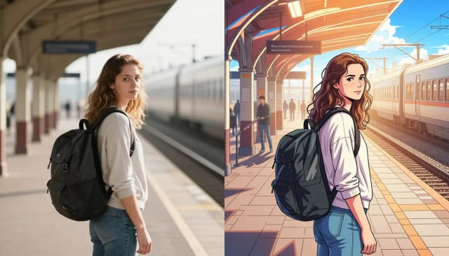 A photo of a young woman on a train platform and the same photo in the shonen anime style