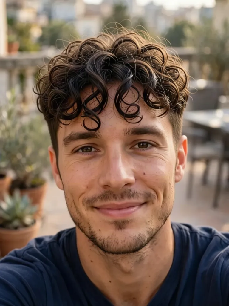 A man with wavy brown hair with a curly fringe, made with the AI hairstyle changer