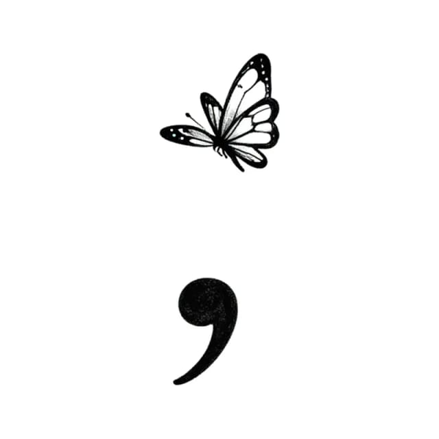 Fine line tattoo design of a semicolon with a small butterfly in place of the dot