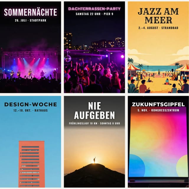 Sechs Plakate mit KI: ein Sommerkonzert, eine Dachterrassen-Party, ein Jazzfestival am Meer, eine Design-Woche, ein 10-km-Lauf und ein Gipfel