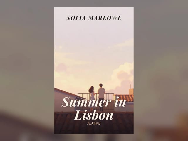 AI romance book cover: a couple on a sunlit balcony over terracotta rooftops, with the title in an elegant italic serif