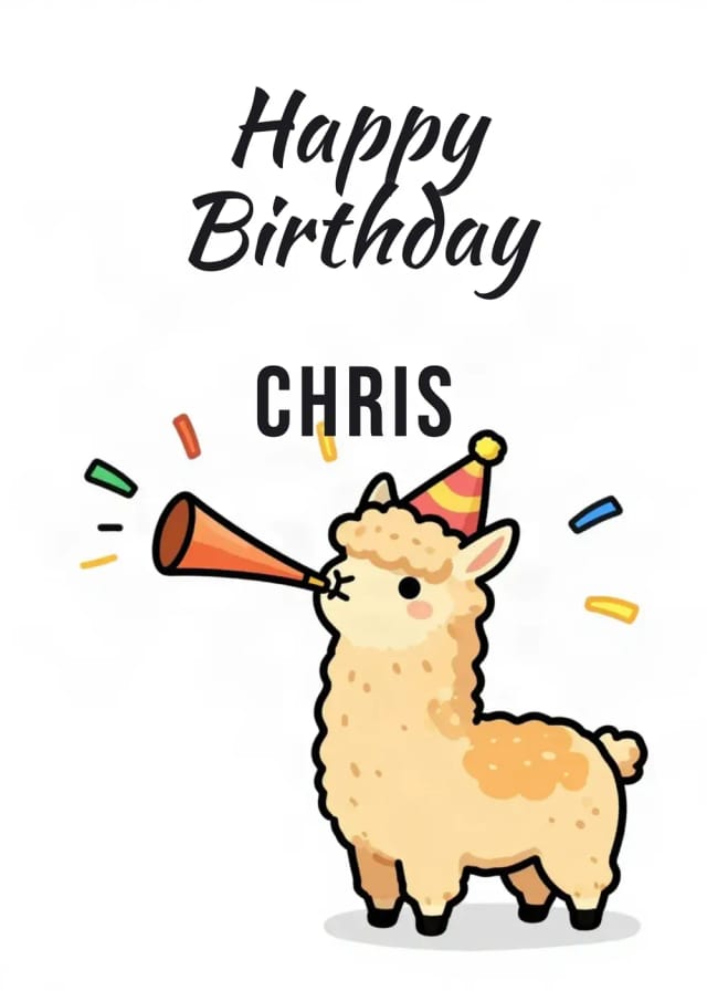Birthday card for Chris with a cartoon llama blowing a party horn
