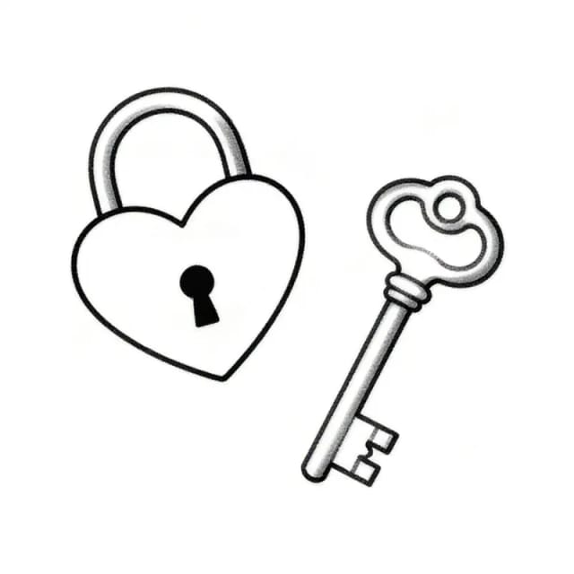 Fine line couple tattoo designs of a heart-shaped padlock and a vintage key, drawn apart