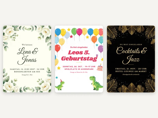 Drei Einladungsstile: Hochzeit, Kindergeburtstag und elegante Feier