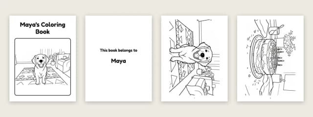 A printable coloring book: a cover titled Maya's Coloring Book, a page that says This book belongs to Maya, and two coloring pages of a puppy and a birthday cake