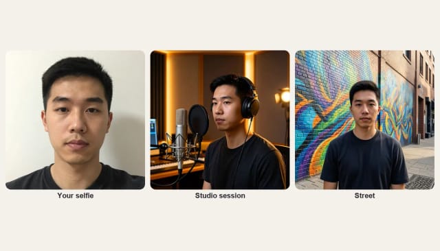 A selfie of a young man and the same man in a recording studio and in front of a street mural