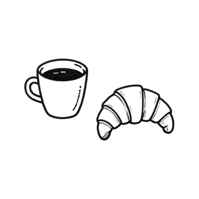 Fine line couple tattoo designs of a coffee cup and a croissant