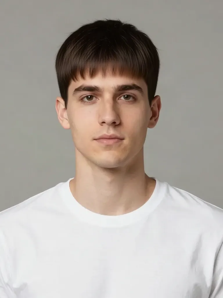 A young man with short brown hair with a French crop with a blunt fringe, made with the AI hairstyle changer