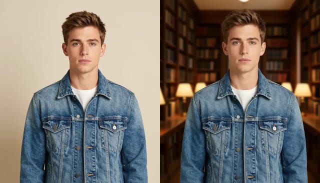 Dasselbe Foto vor und nach dem Ersetzen des Hintergrunds durch eine in Worten beschriebene Bibliothek