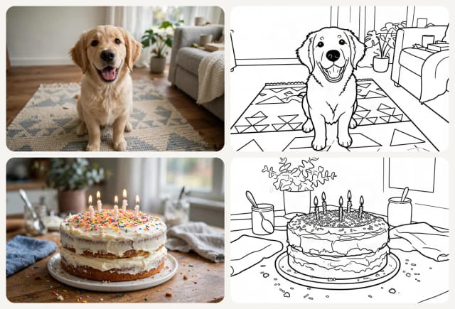 A photo of a golden retriever puppy and a birthday cake, each next to the black-and-white coloring page made from it