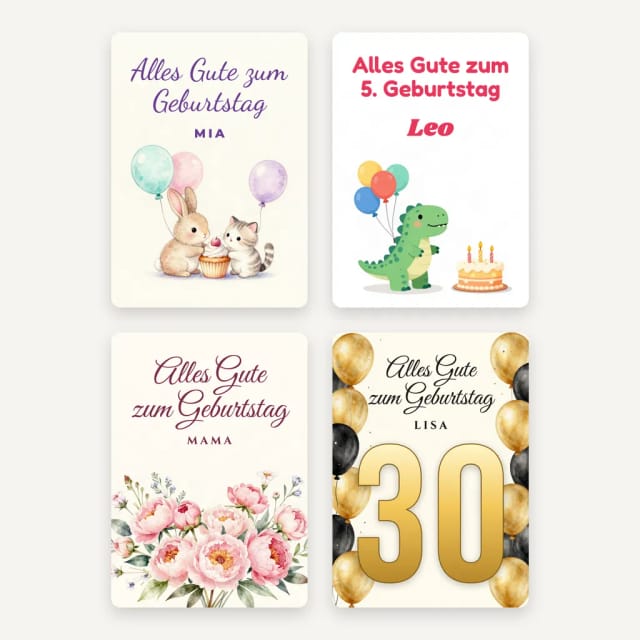 Vier Geburtstagskarten in verschiedenen Stilen zur Auswahl