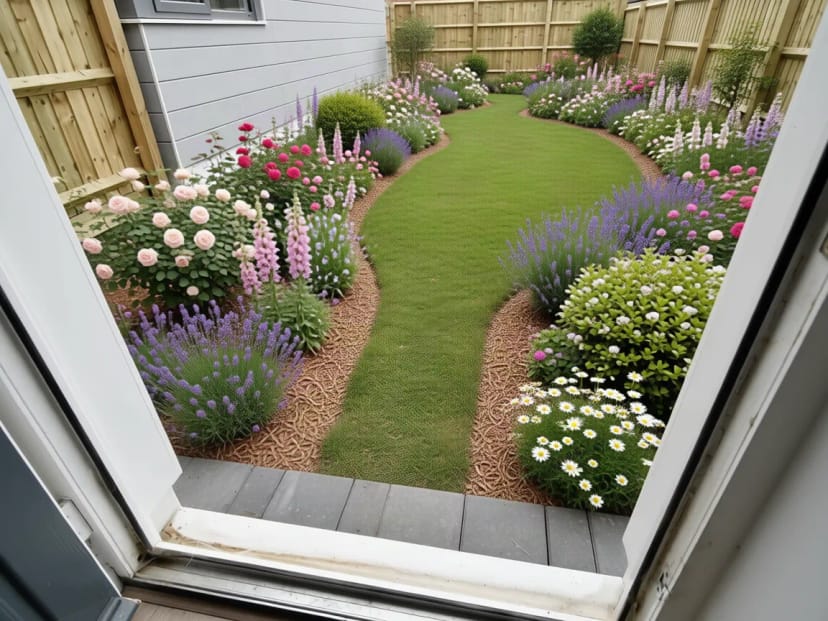 Derselbe Garten als Cottage-Garten bepflanzt, mit gemischten Blumenrabatten