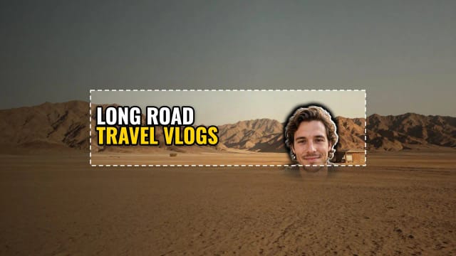 A YouTube banner of a desert at golden hour with the safe area marked as a dashed box in the center: the channel name Long Road and a man’s face sit inside it