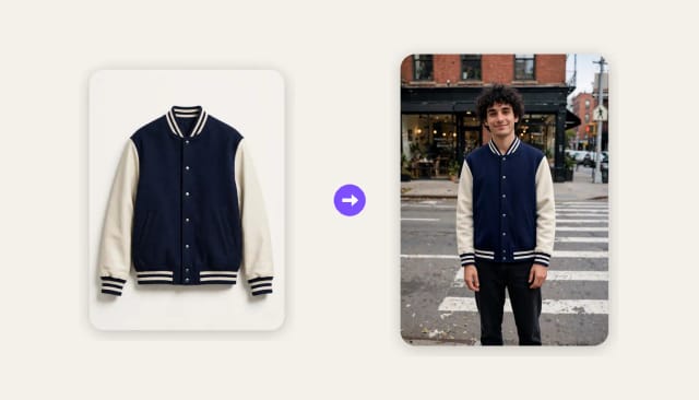 A varsity jacket product photo turned into a man wearing the jacket