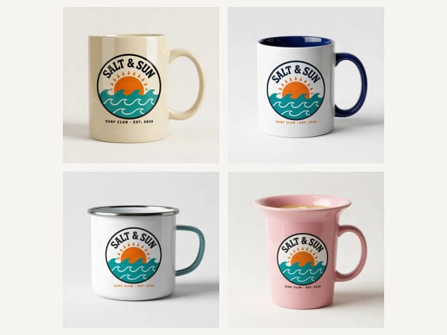The same design on a 15 oz mug, a two-tone mug, an enamel mug and a latte mug