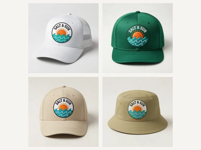 The same logo on a baseball cap, a trucker cap, a bucket hat and a beanie