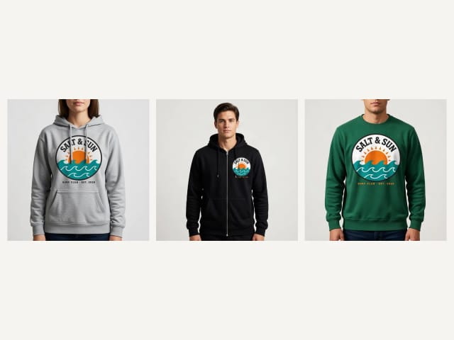 Pullover hoodie, zip-up hoodie and crewneck sweatshirt mockups with the same design