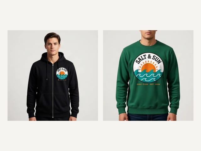A pullover hoodie, a zip-up hoodie and a crewneck sweatshirt with the same design