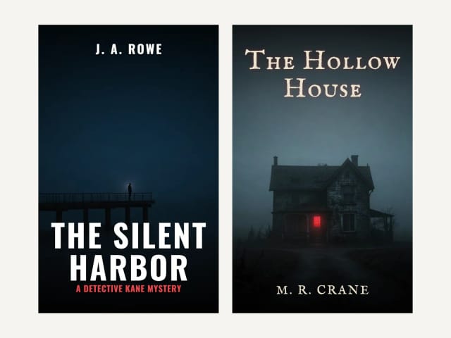 AI thriller and horror book covers with dark scenes and bold titles