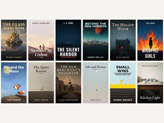 Twelve AI book covers, one per genre, from fantasy and romance to poetry and memoir