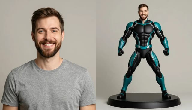 A smiling man in a gray T-shirt and the same man as an original superhero action figure