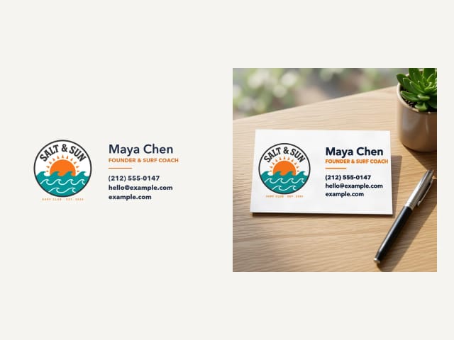 A business card design as a transparent PNG next to the mockup made from it