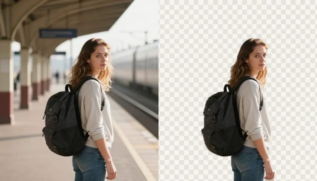 Eine junge Frau mit Rucksack auf einem Bahnsteig und dasselbe Foto mit entferntem Hintergrund als transparentes PNG