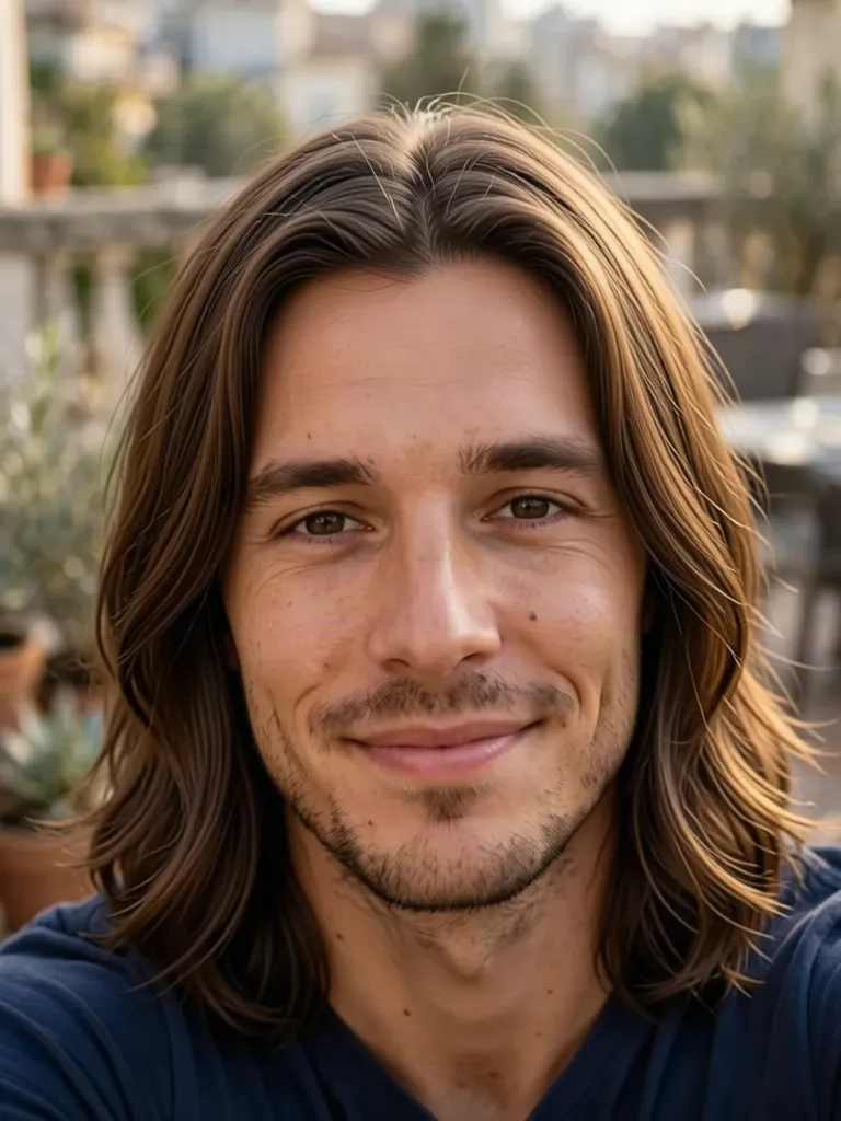 A man with wavy brown hair with long hair to the shoulders, made with the AI hairstyle changer
