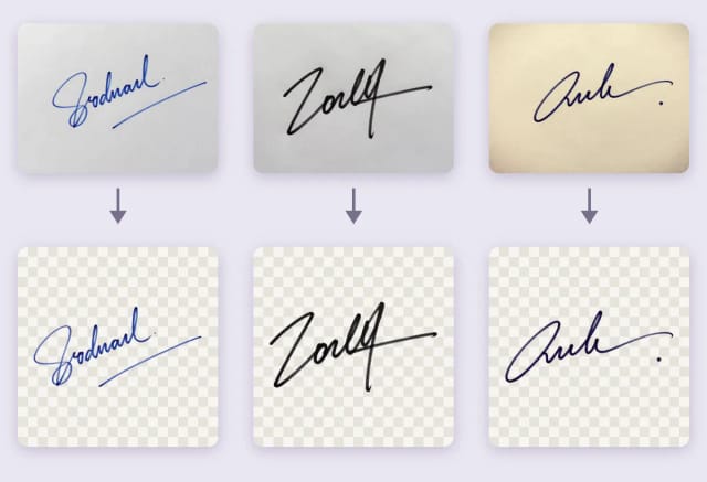 Three photos of signatures on paper, in blue pen, black marker and dark ink under warm light, and the same signatures with a transparent background