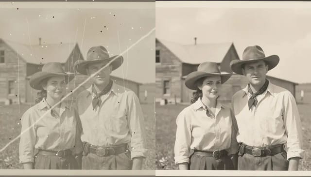 An old photo of a couple with scratches, a crease and a torn corner, and the same photo restored by AI