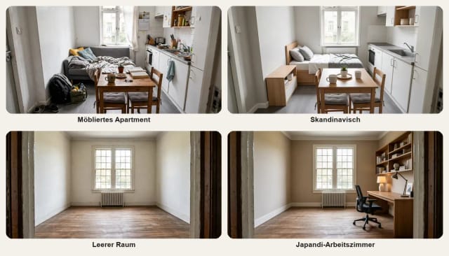 Eine vollgestellte Einzimmerwohnung im skandinavischen Stil neu eingerichtet, die Küche bleibt, und ein leerer Raum als Japandi-Arbeitszimmer eingerichtet
